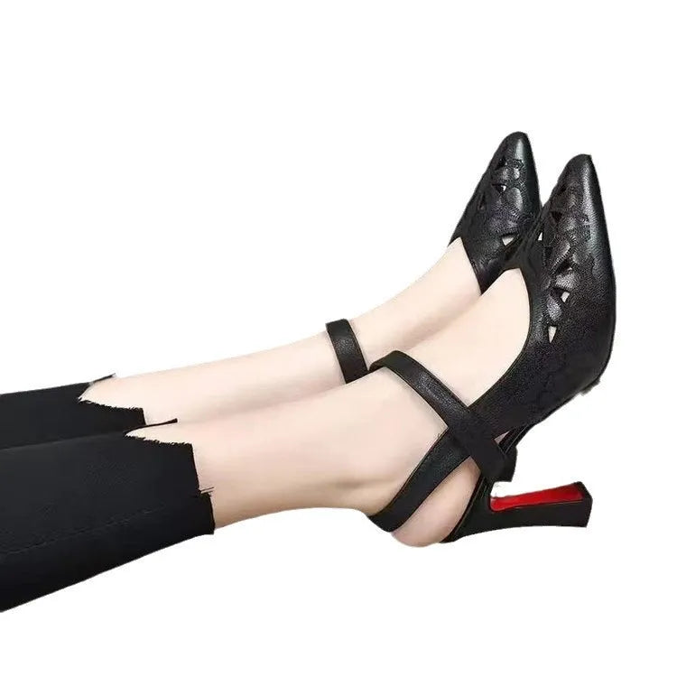 Women's pointed toe sandals in beige with hollowed toe box, back empty design, high heel, and rubber sole