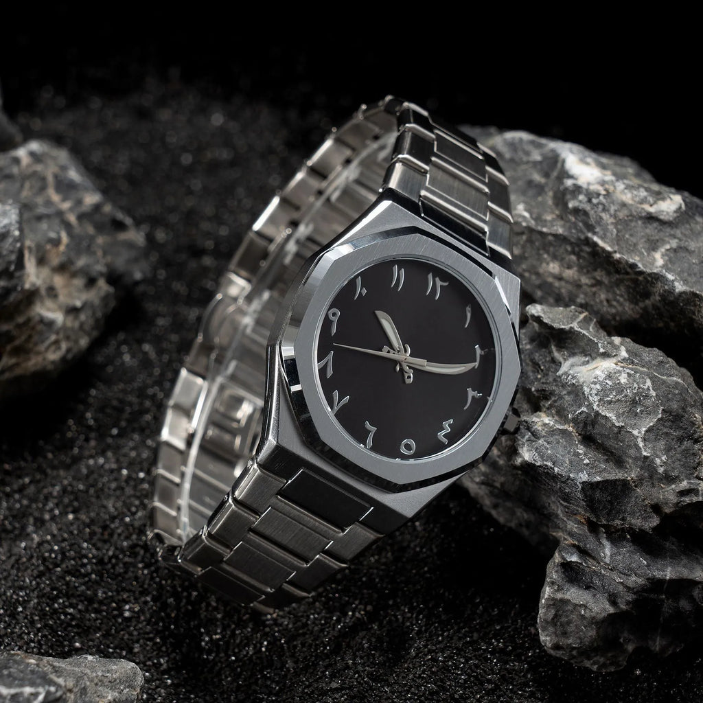 Men's business casual steel belt quartz watch showing black and silver colour options