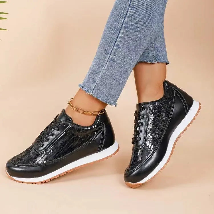 Women's thick-soled casual lin film sneaker with PU leather upper, square toe, and thick sole in black
