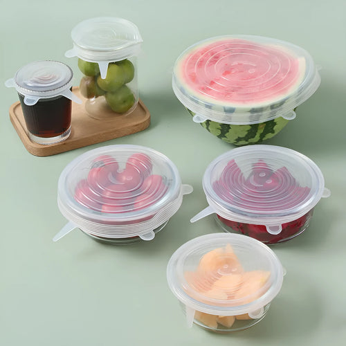 6 silicone food stretch lids in assorted sizes on a kitchen counter for fresh-keeping