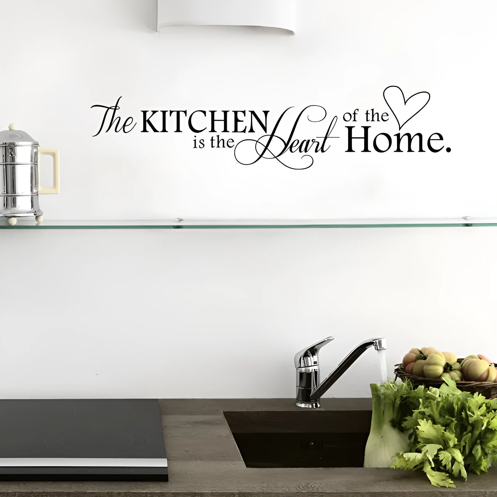 Black letter pattern wall sticker reading Kitchen Is Heart Of The Home on a white background, 60x15cm PVC removable
