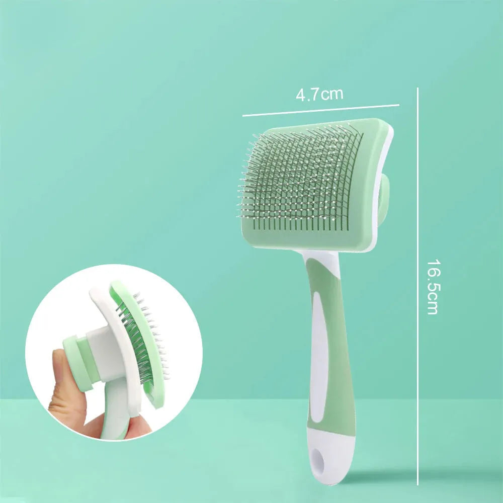 Self-cleaning slicker brush for dogs and cats with gentle bristles and one-click hair release button
