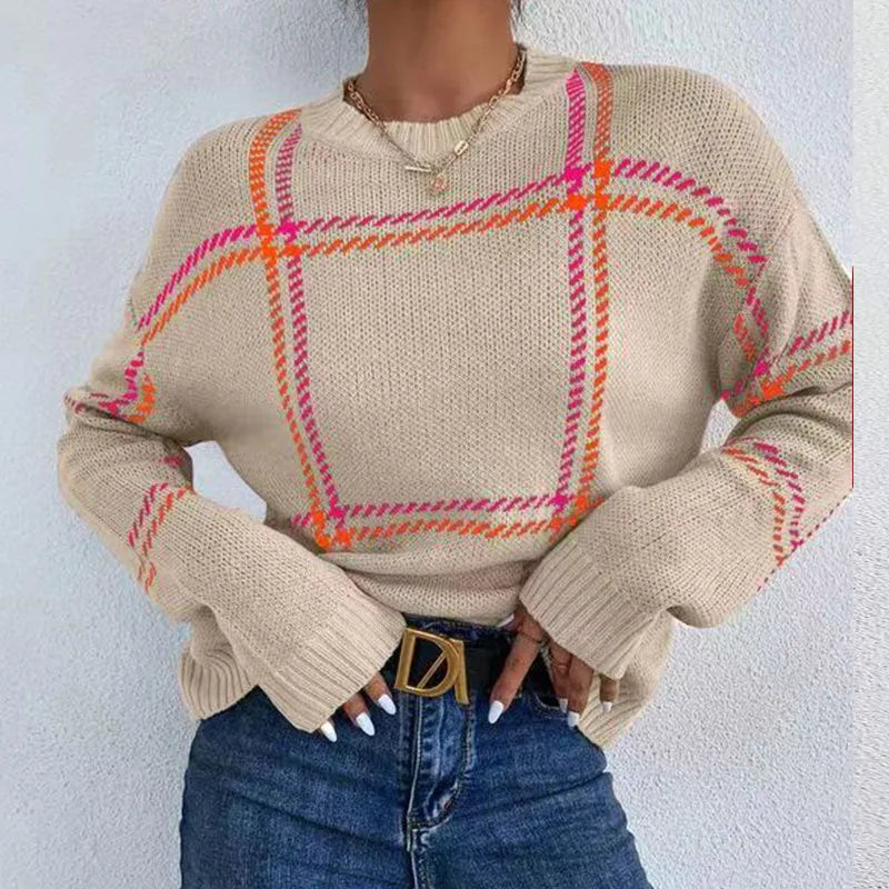 Women's loose fit plaid colour-block acrylic pullover sweater in apricot black beige stripes design