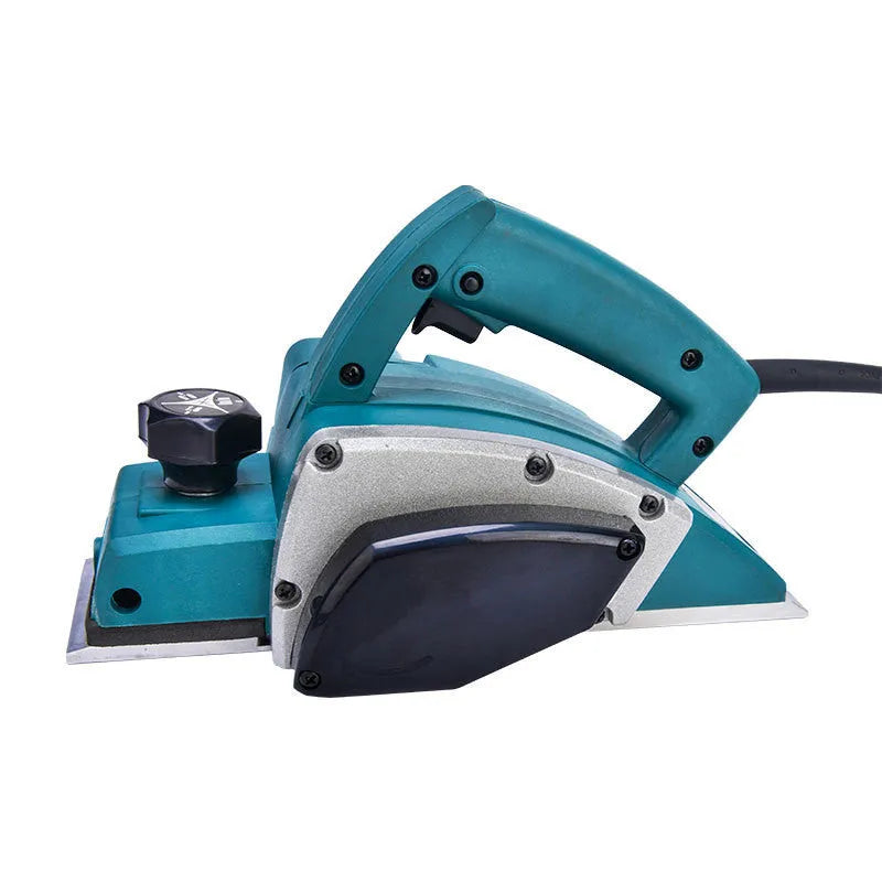Red desktop electric wood planer with aluminium body showing 82mm planing width and power cord