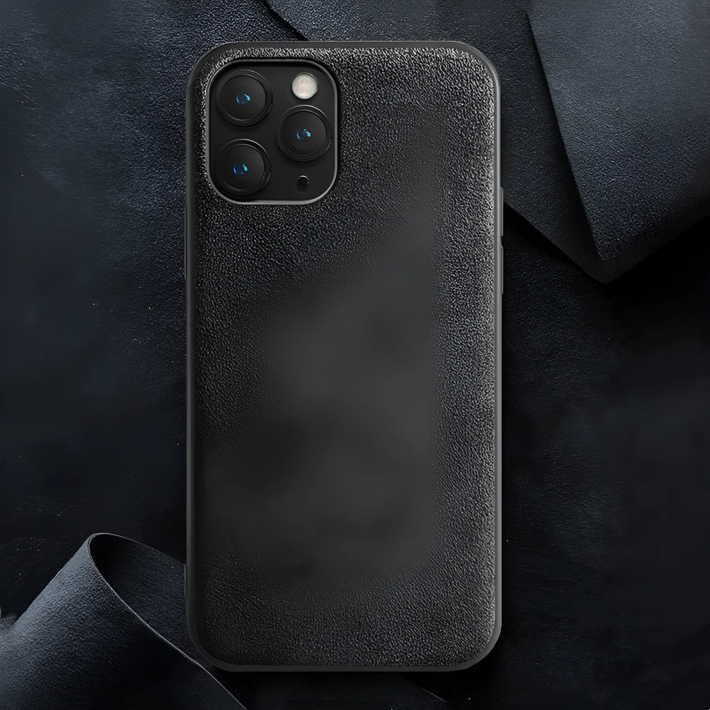 Suede full-cover phone case for iPhone on a dark background, shown in elegant black, dark night green, and dark blue colours.