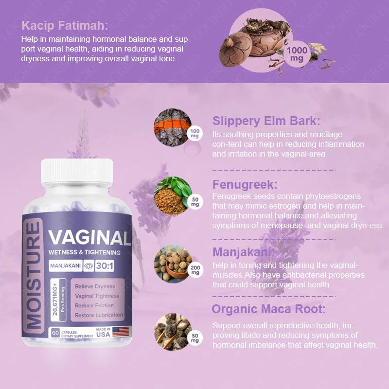 Bottle of 60 vaginal health capsules with natural plant extract formula