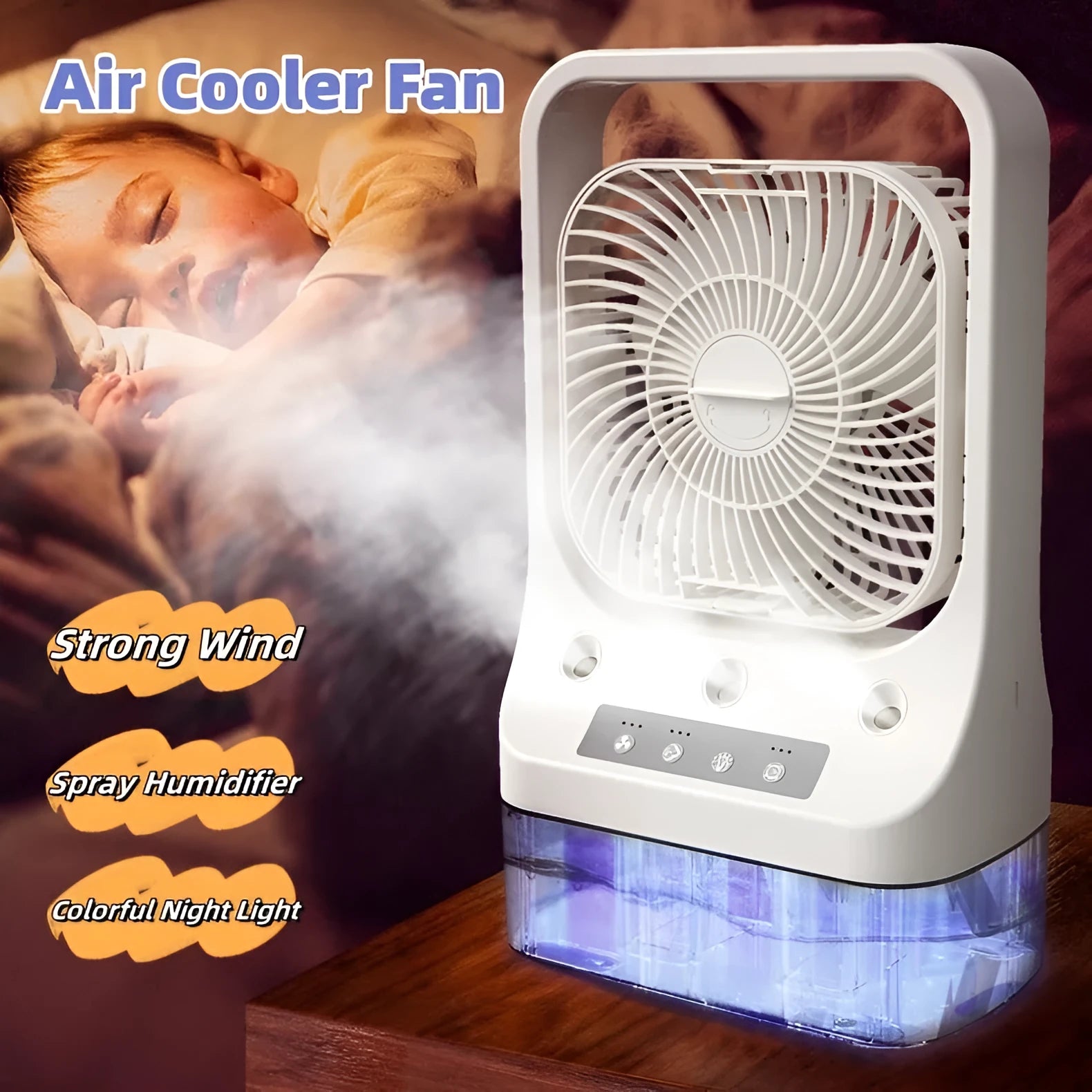 White USB rechargeable cooling fan with three-spray nozzle humidifier and adjustable head