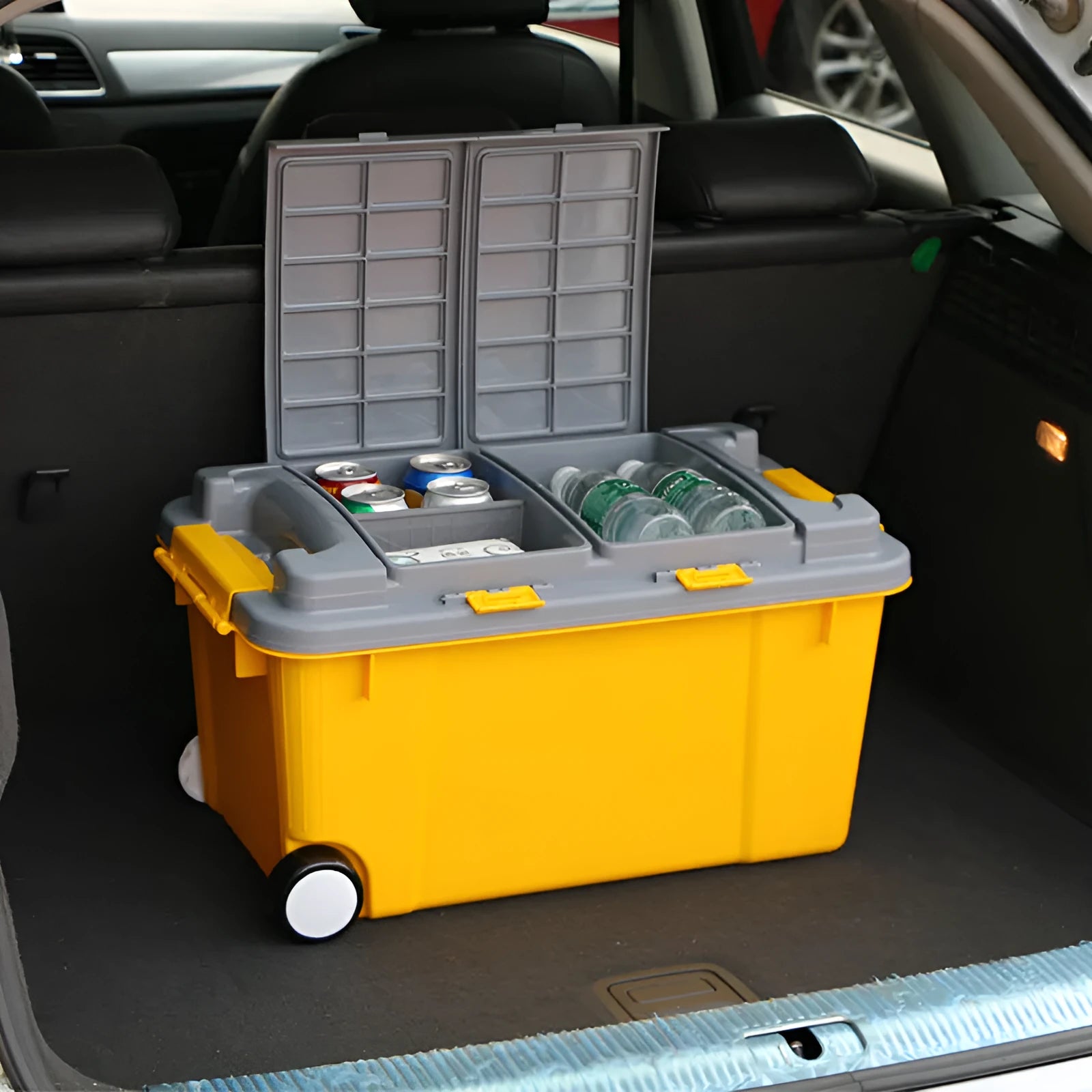 Large high-strength plastic storage box with pull rod, 55L capacity, thickened PP, available in vibrant orange colour