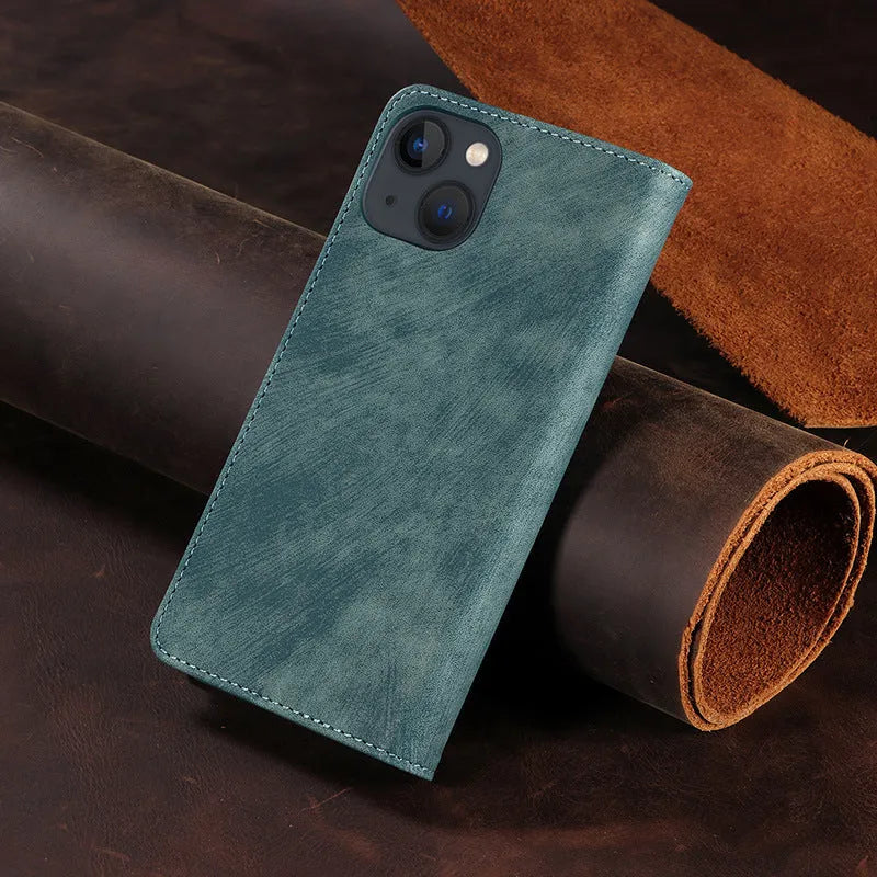 Magnetic flip phone case for iPhone in genuine leather and TPU, showing black, brown, and blue colour options.