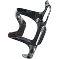 Black carbon fibre side pull water bottle cage for bicycles on a bike frame.