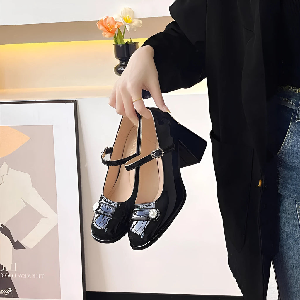 Women's black patent leather high heels with chunky heel and round toe for wide feet