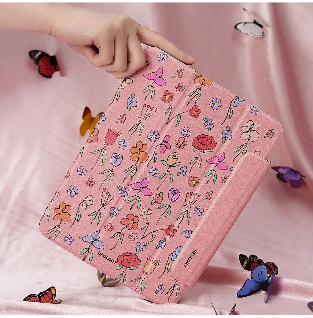 Magnetic double-sided clip attached to a polyurethane flat shell case for a 10.9-inch iPad Air tablet.