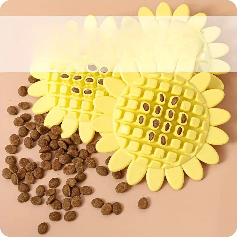 Yellow rubber sunflower dog toy for teething puppies on a light background
