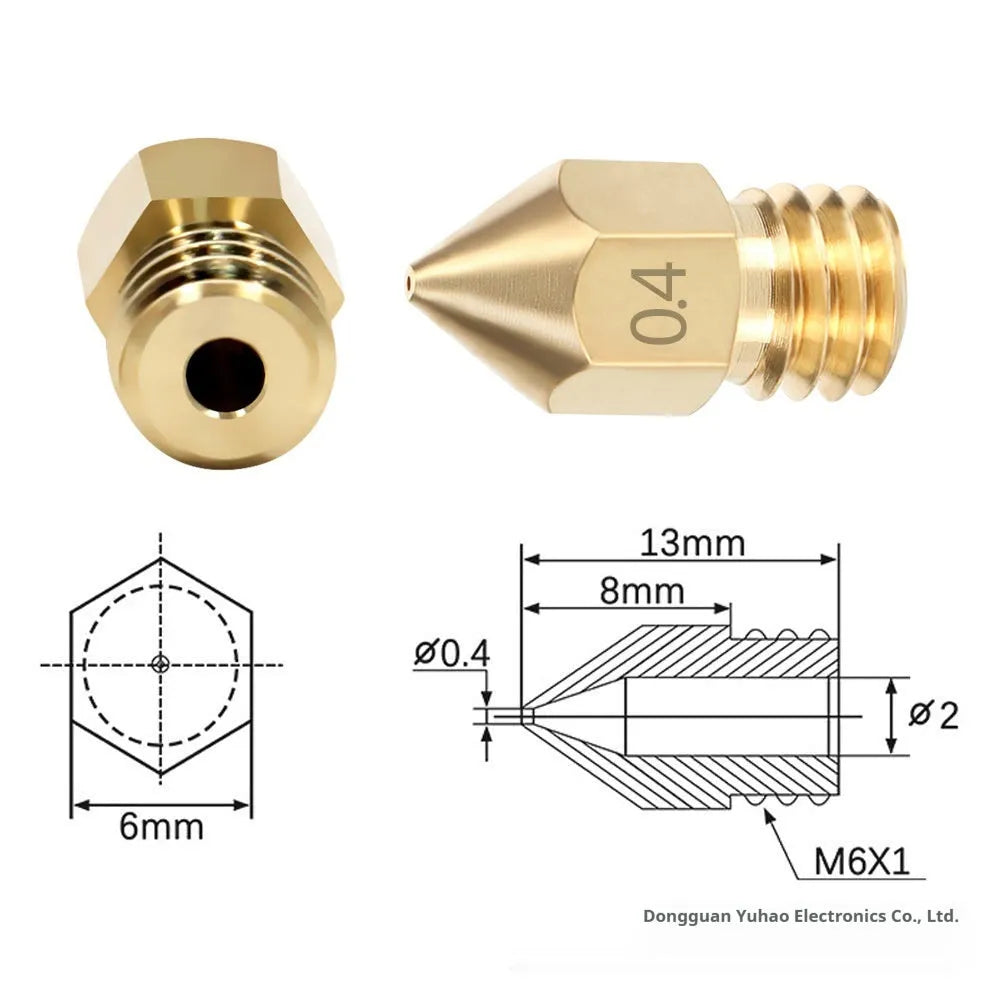 Brass MK8 3D printer nozzle and a pointed stainless steel cleaning pin on a grey background.