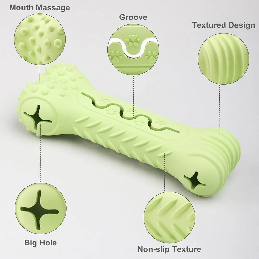 Blue bone-shaped natural rubber dog chew toy for aggressive chewers with textured teeth-cleaning surface.