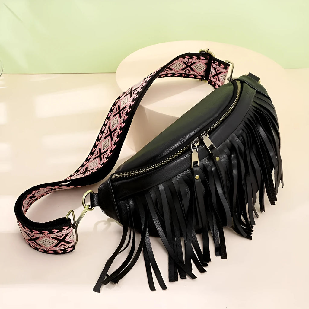 PU leather retro tassel messenger bag with crossbody strap in macaron gray