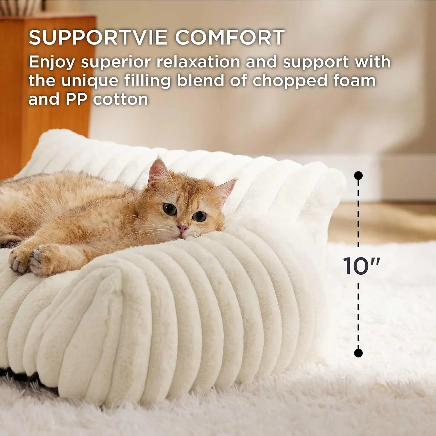 Bedsure fluffy cat couch for indoor cats with three-sided backrest and soft corduroy fleece cover in beige