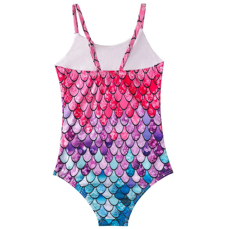 Children's mermaid one-piece swimsuit for girls in high-elasticity polyester, available in multiple colours and sizes from 100cm to 150cm