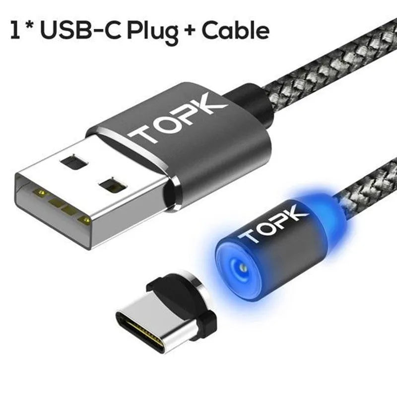 Magnetic charging cable with three interchangeable plugs for Apple, Android and Type-C devices