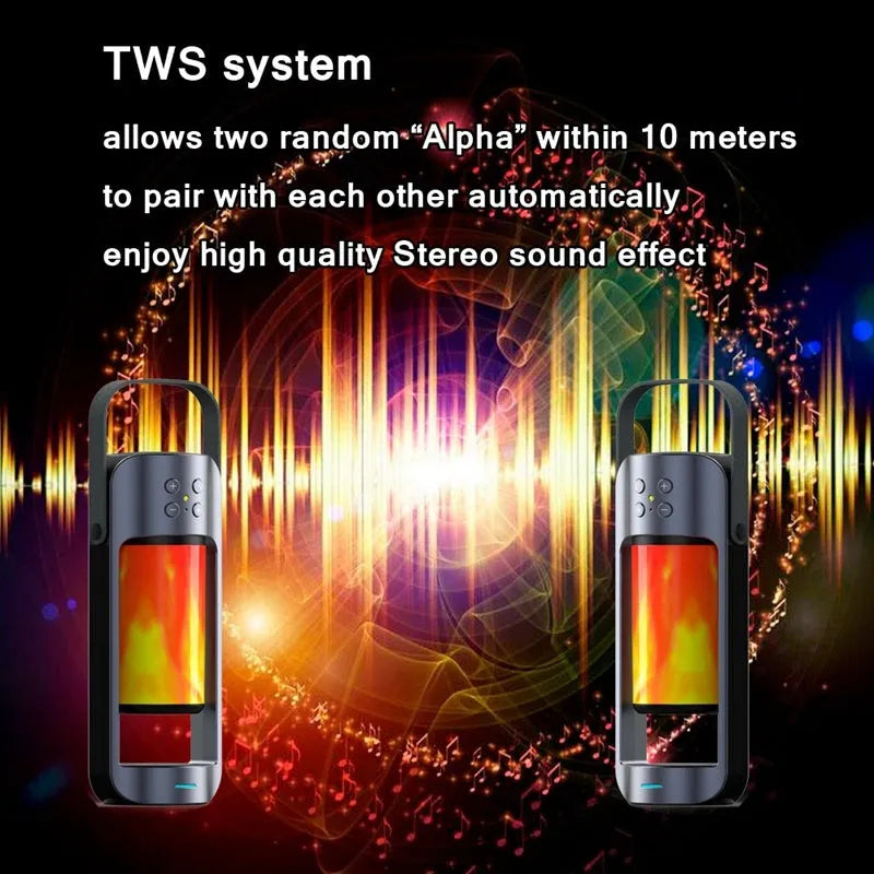 Portable Bluetooth speaker with warm yellow dancing flame light showing realistic campfire effect