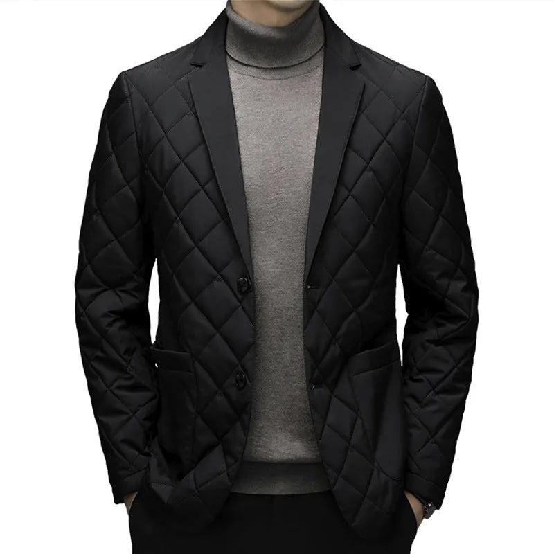 Men's black lapel collar down jacket in regular cardigan cut with side seam pockets.