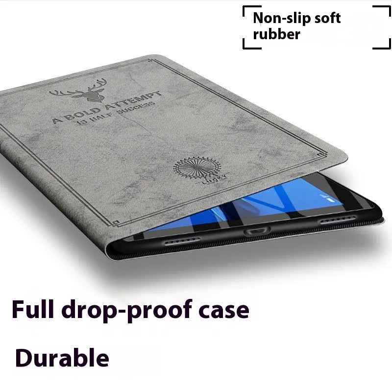 Black deer pattern TPU leather clamshell case for Apple iPad showing soft shell protection