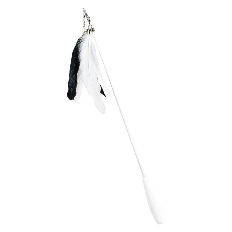 Telescopic cat fishing rod toy with self-hi bell and white goose feather lure on white shaft, extended for play