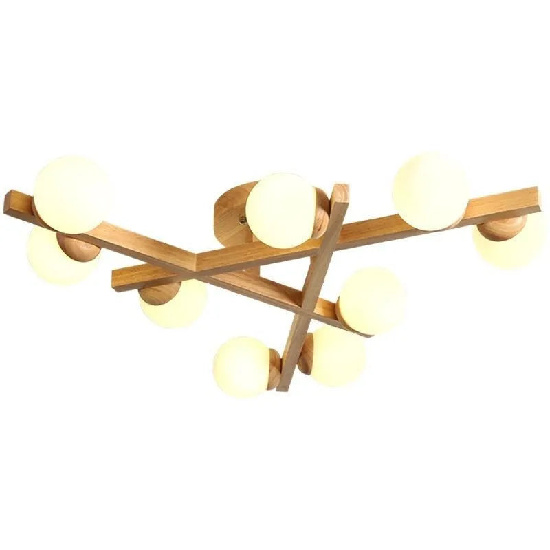 Nordic style wooden ceiling lamp with three light heads emitting neutral colour illumination
