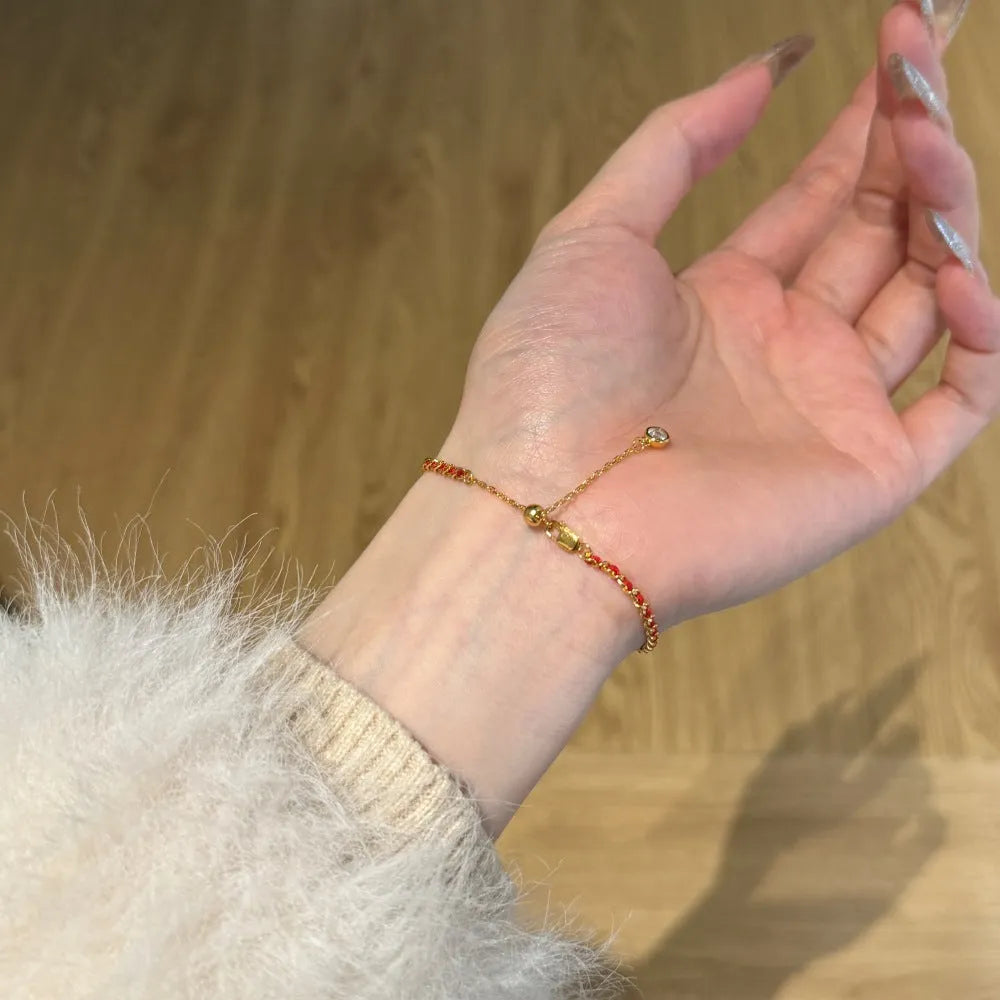 Women's 925 sterling silver bracelet with red rope, gold colour, geometric shape, Chinese style