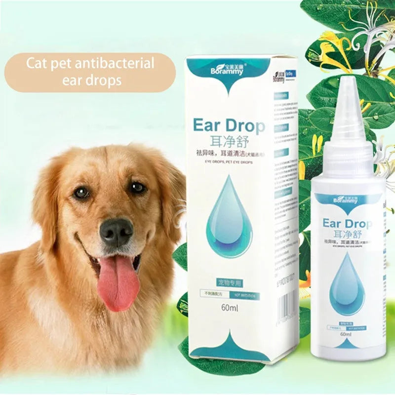 Green bottle of pet ear liquid cleaning supplies 60ml for dogs and cats
