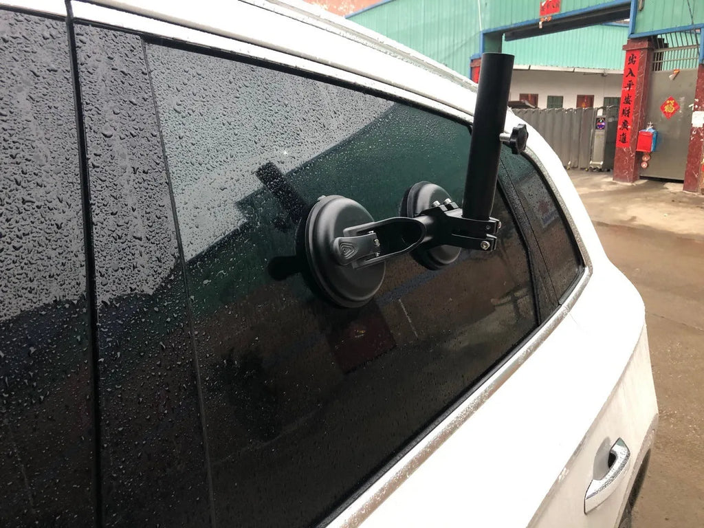 Black off-road car flagpole sucker base with round rubber suction cup and ABS plastic body.