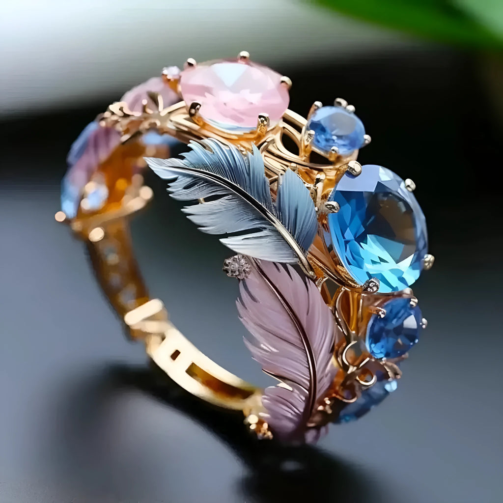Gold brass zircon feather ring with embossed colourful pattern and geometric shape