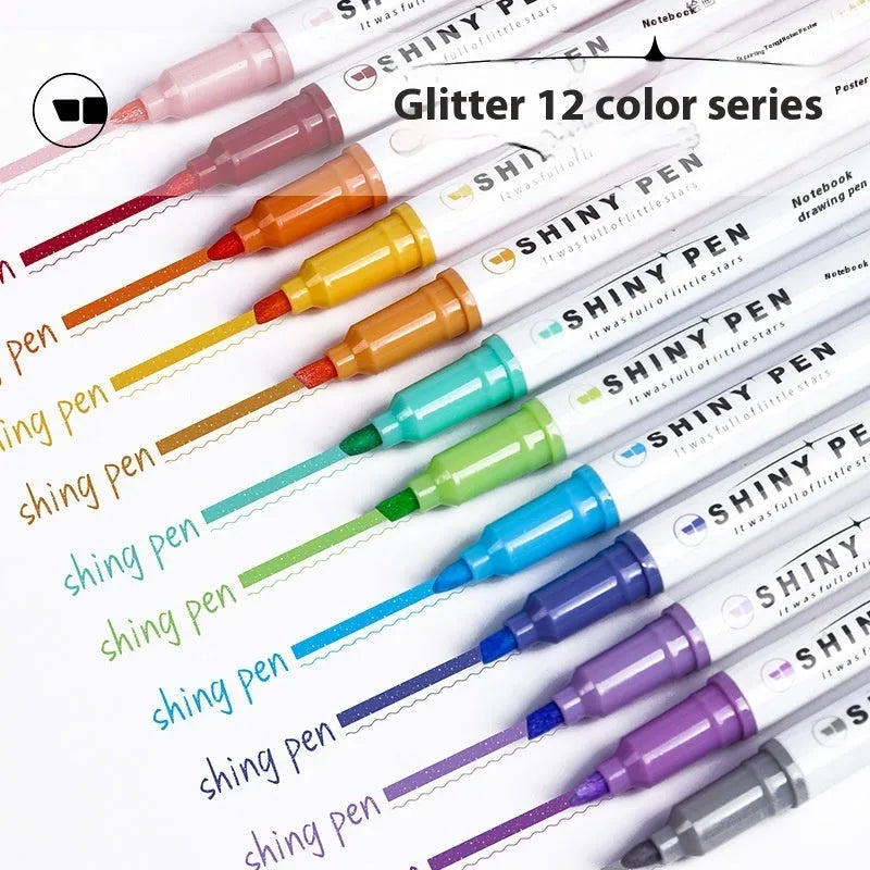 Star River glitter fluorescent pen set showing slanted 4mm tip and six glitter ink colour variations
