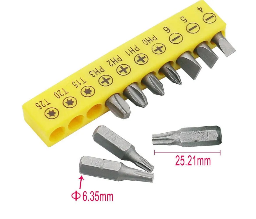45# steel L-type double-headed socket wrench with ten screwdriver bits laid out on a workbench.