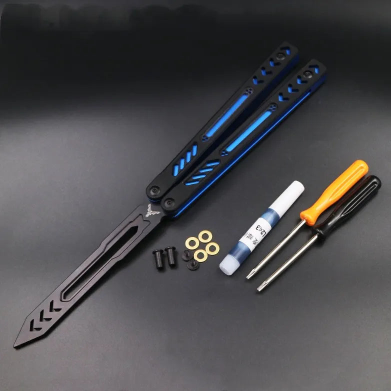 Unbladed ether butterfly knife with G10 anti-slip patch on aluminium handle, view of side profile