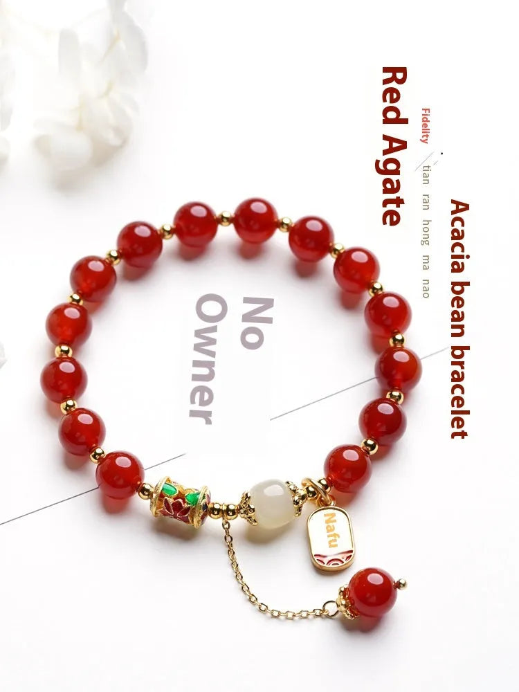 Natural crystal red agate bead bracelet with gold plating finish for women, single circle style on white background