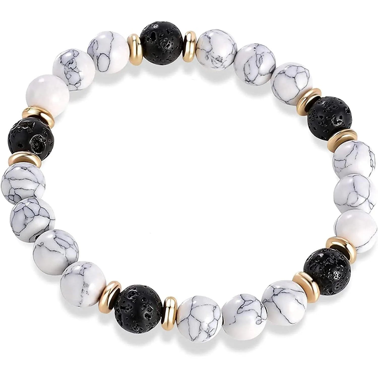 Handmade natural stone bracelet with alloy volcano and white turquoise beads on neutral background