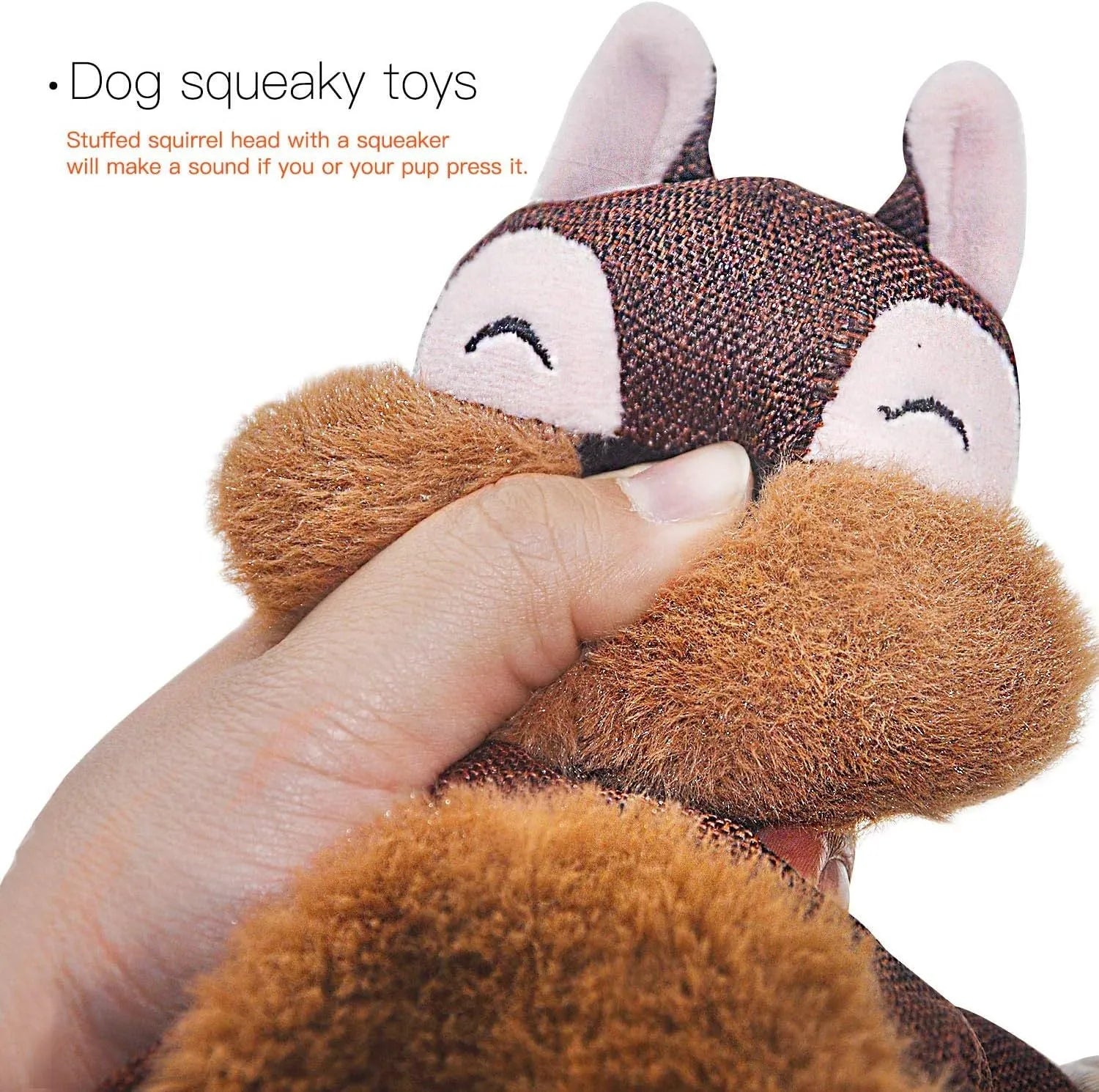 Brown plush fox dog toy with embroidered eyes, cotton rope limbs, and a squeaker in its head.