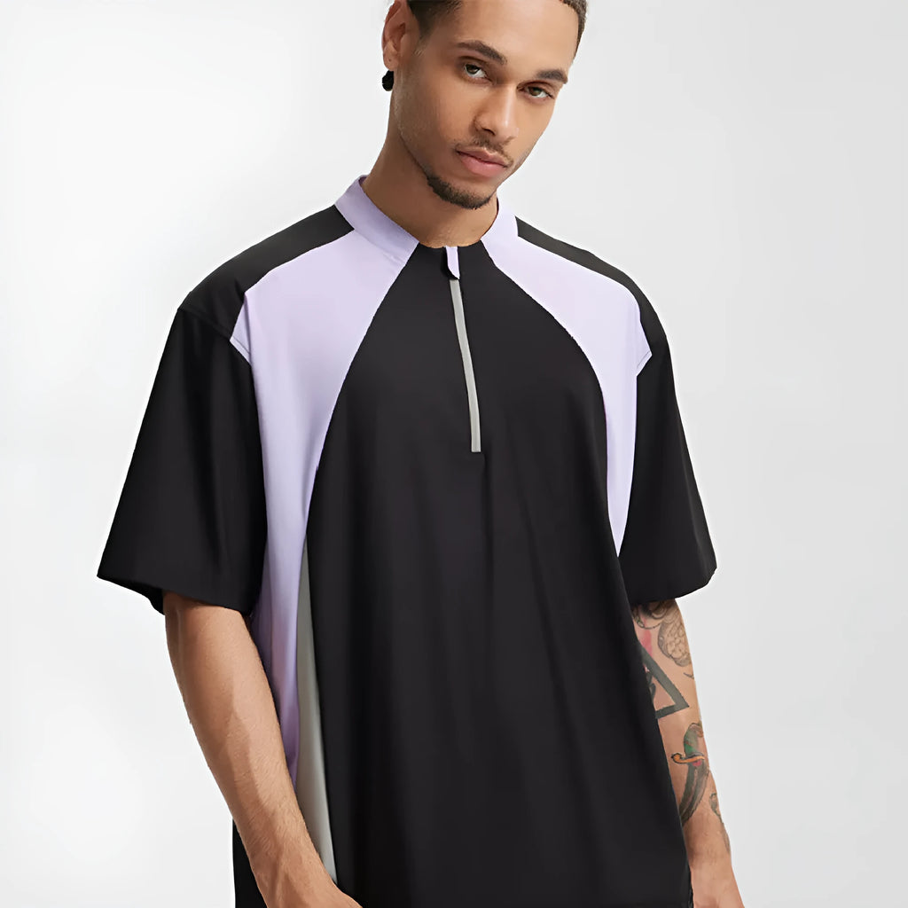 Men's solid colour lightweight polyester top in black, showing stitching detail on chest.