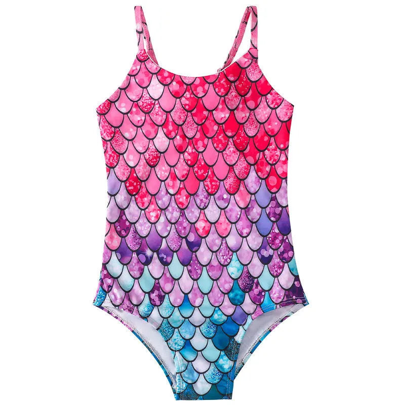 Children's mermaid one-piece swimsuit for girls in high-elasticity polyester, available in multiple colours and sizes from 100cm to 150cm