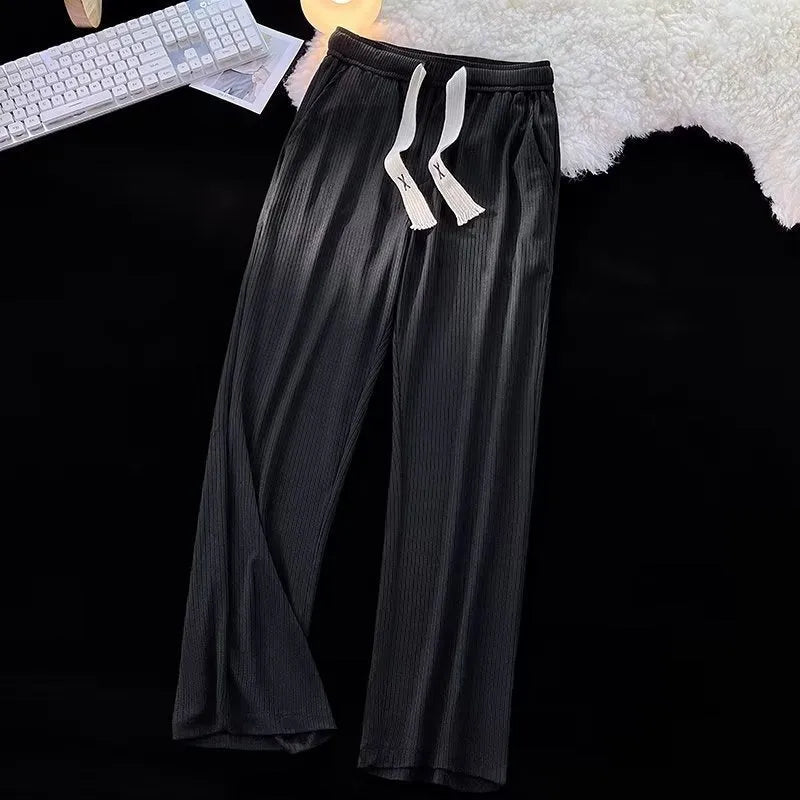 Ice silk thread men's loose straight casual trousers in black solid colour cotton fabric leisure pants