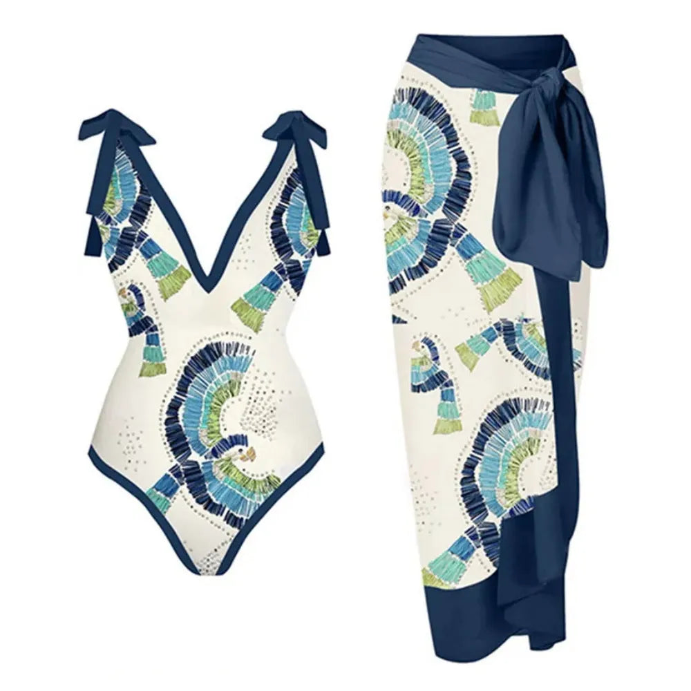 French retro one-piece swimsuit backless design with matching skirt, blue colour option