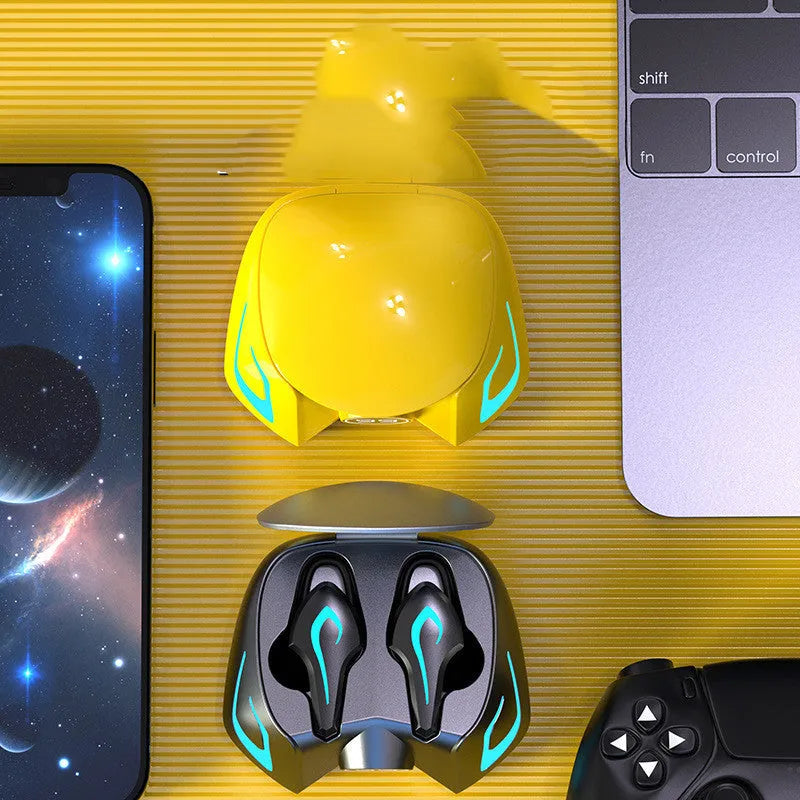 Bluetooth gaming headset with colourful ear caps in wireless earplug design