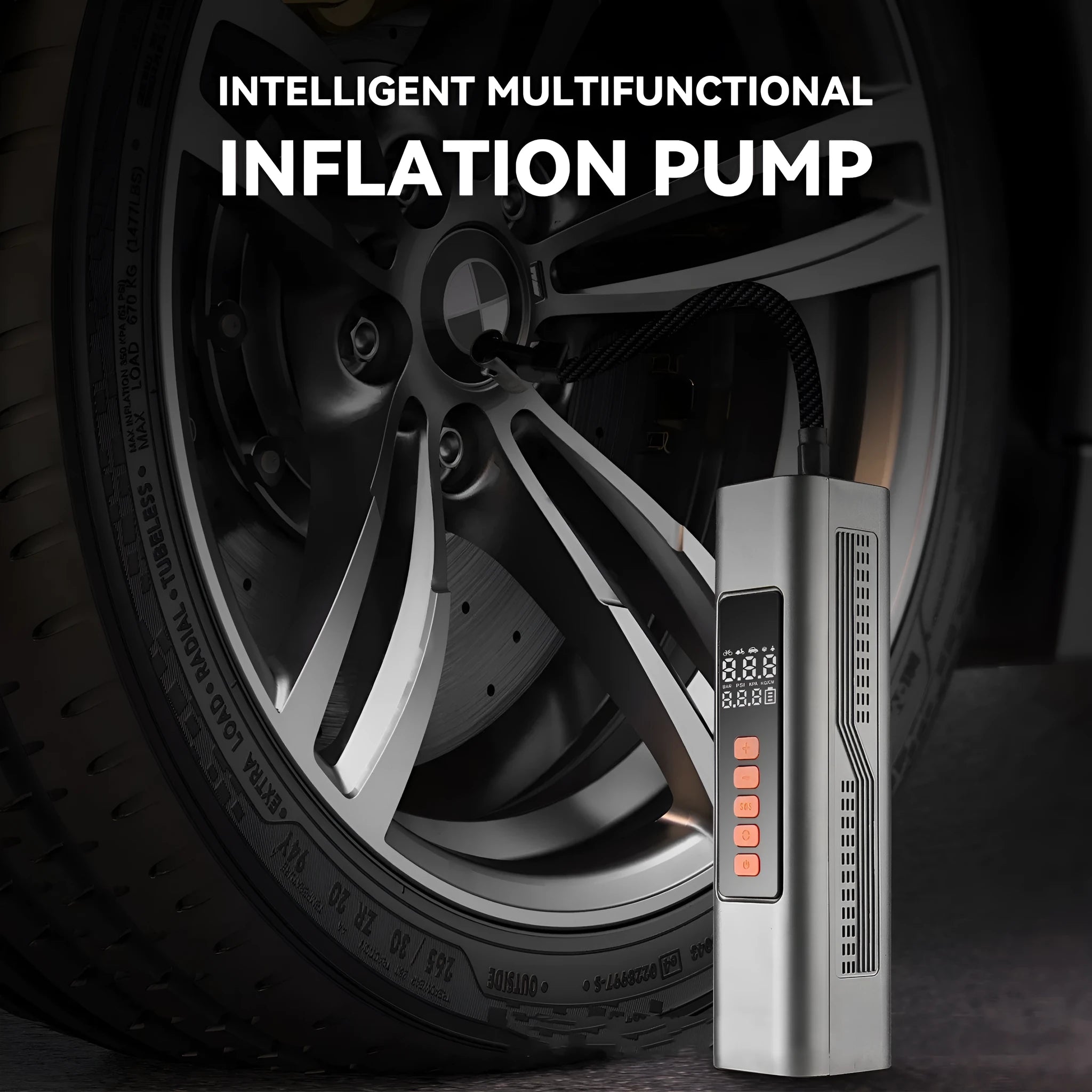 Wireless car tyre inflator with digital display and Type-C charging port, available in non-vacuum and vacuum styles