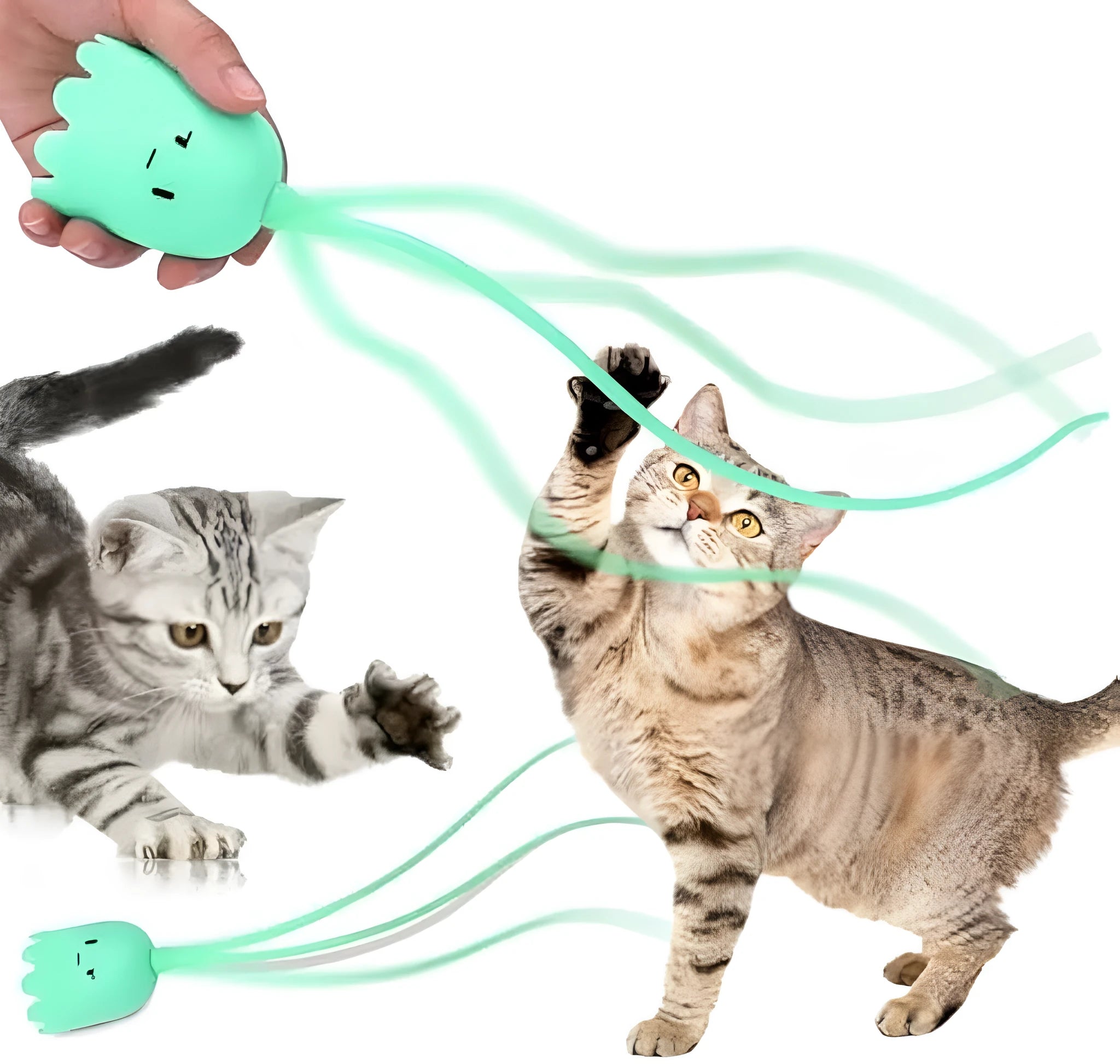 Green automatic cat wand toy with swinging silicone tails for indoor cats on wooden floor