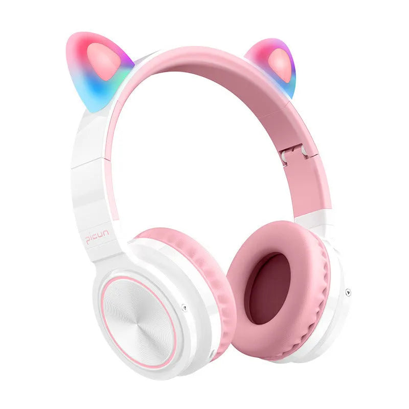 Pink white luminous Bluetooth headset with head-mounted design and protein ear pads