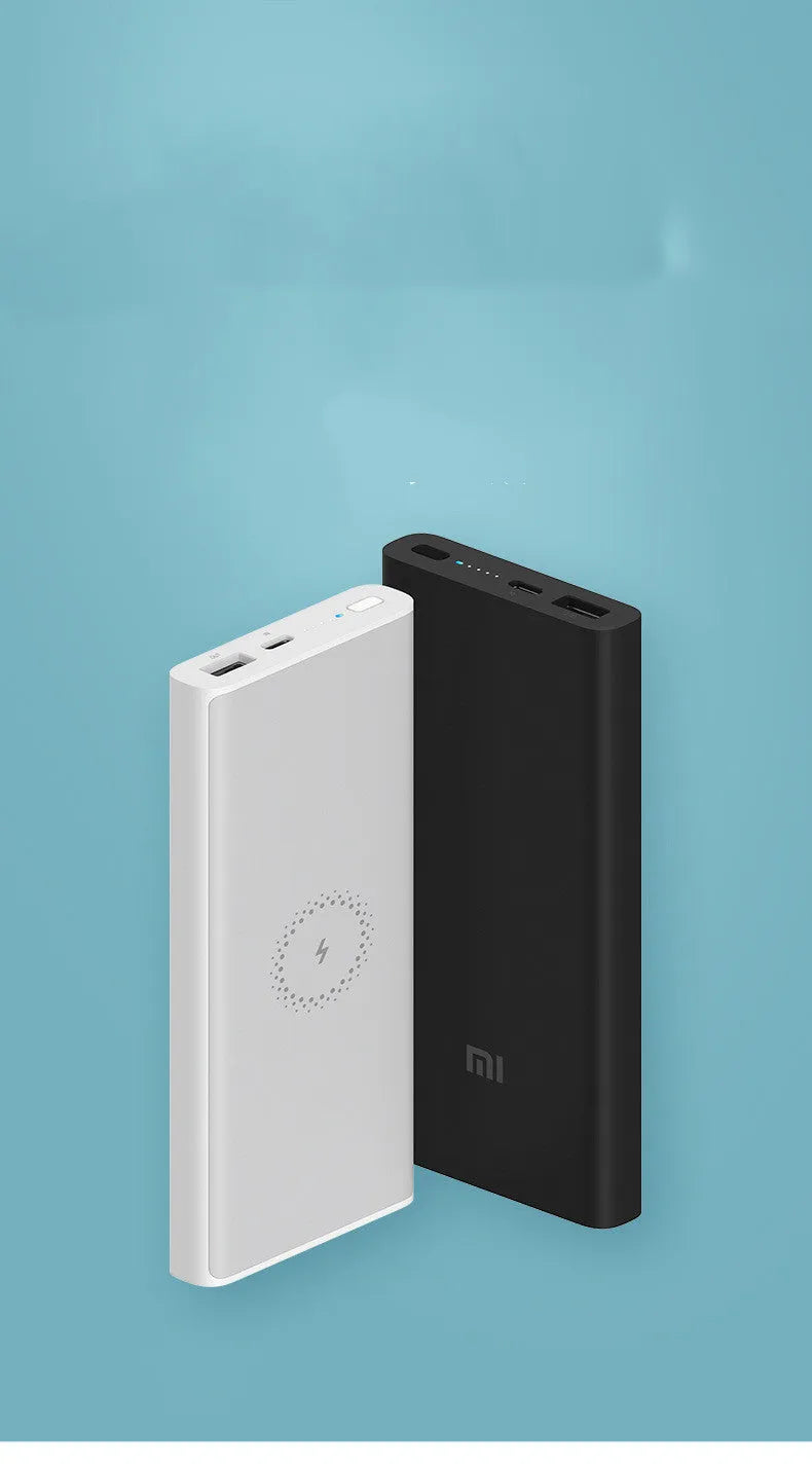 Black and white 10000mAh power bank with USB Type-C port and wireless charging