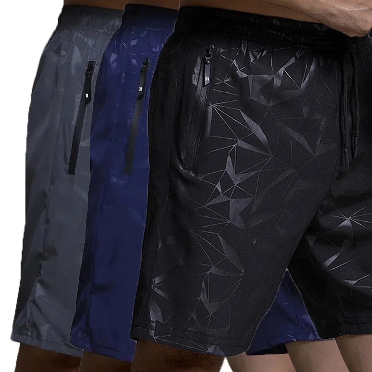 Men's loose printed sports shorts in black, blue and grey colours with Asian sizing guidance