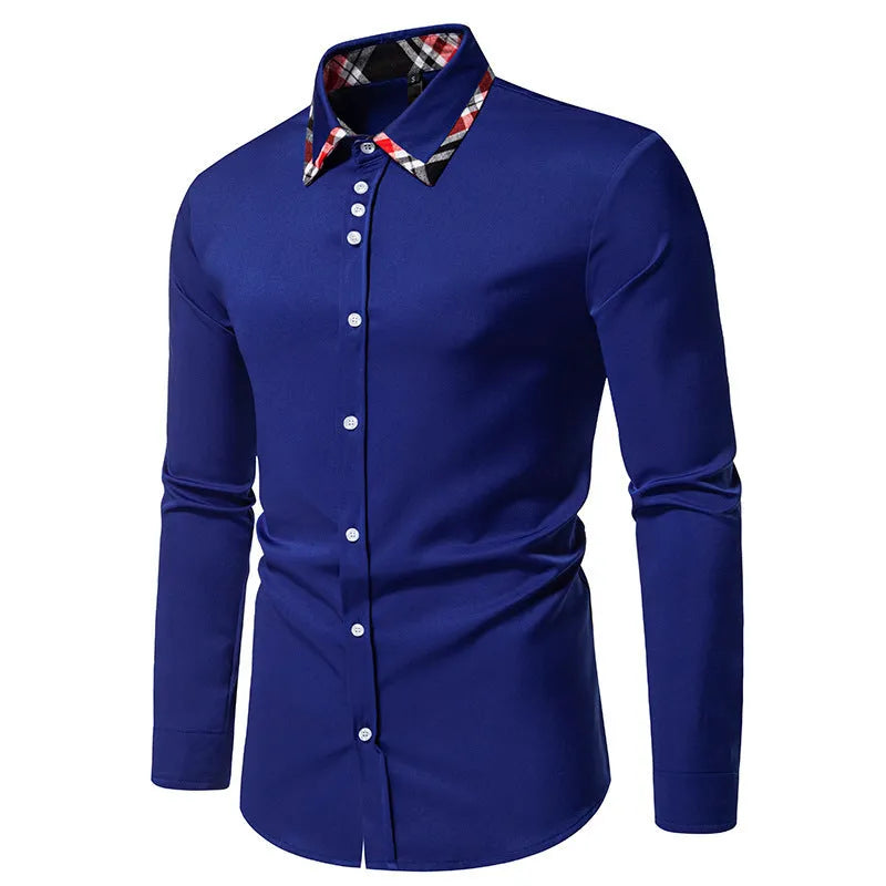 Men's blue plaid contrast triangle collar long sleeve casual shirt on a hanger.
