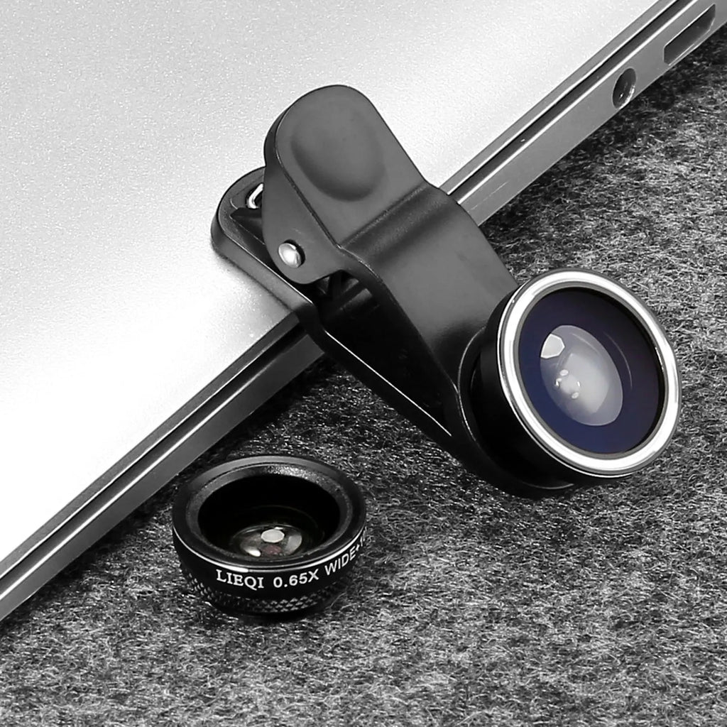 Mini camera lens clip for mobile phone in black, blue, gold, purple, red, and silver colours